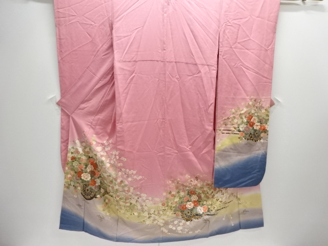 JAPANESE KIMONO / ANTIQUE FURISODE / SILK / EMBROIDERY / FLORAL CART